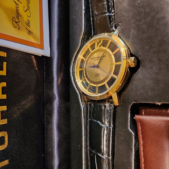 Stuhrling Men's Skeleton Watch w Box w/ 2 Leather Bands New Old Stock - Picture 3 of 12